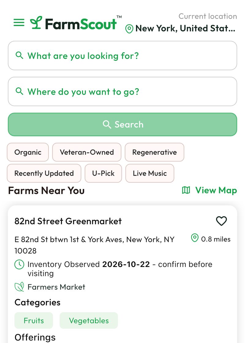 The FarmScout home screen with search bars, quick-filter buttons and the 82nd Street Greenmarket card showing Inventory Observed 2026-10-22 - confirm before visiting