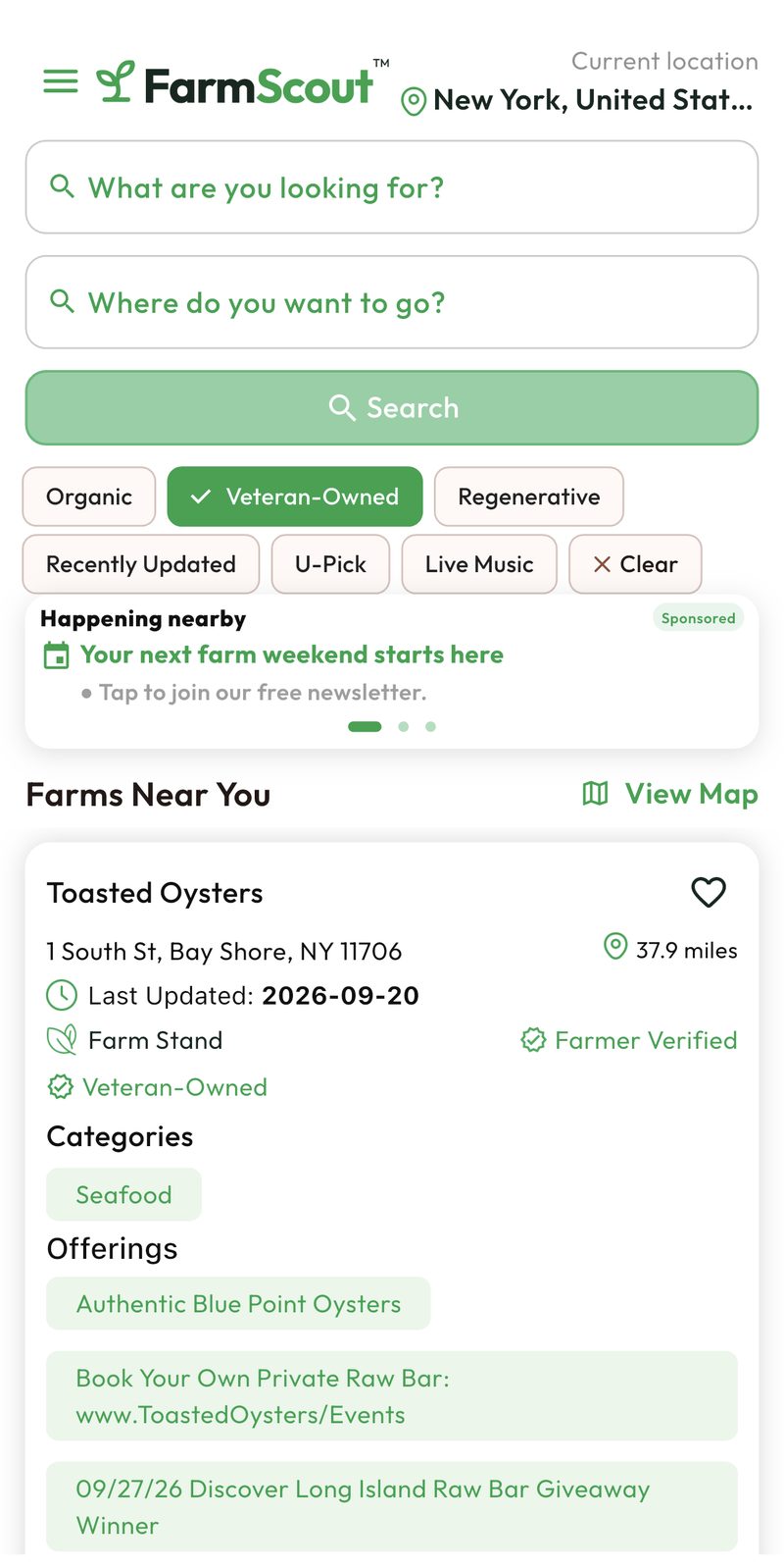 The FarmScout home screen with the Veteran-Owned button turned on, showing Toasted Oysters in Bay Shore, NY with the Veteran-Owned badge, Farmer Verified and its offerings