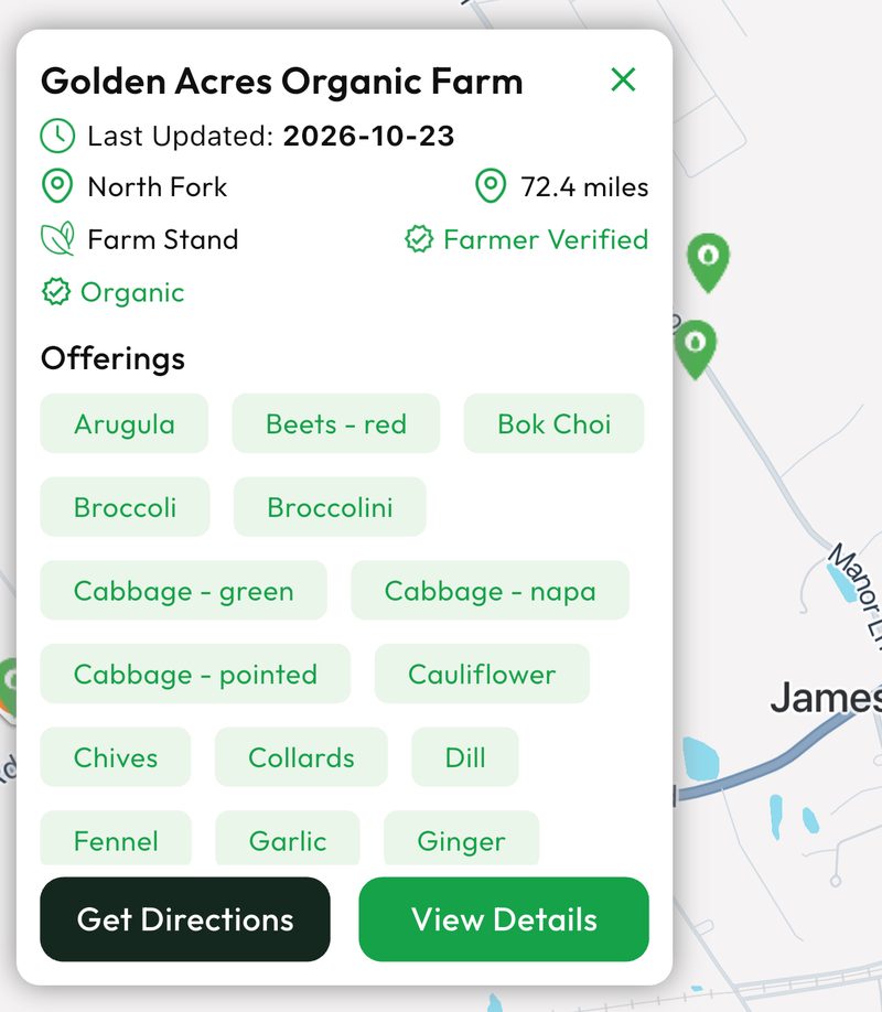 A FarmScout farm card for Golden Acres Organic Farm showing Last Updated 2026-10-23, Farm Stand, Farmer Verified, Organic and a list of offerings