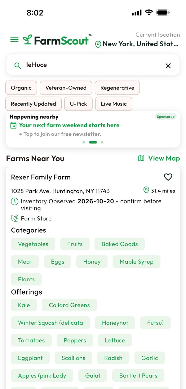 FarmScout search for lettuce, showing a nearby farm store and everything it has, with the date it was reported