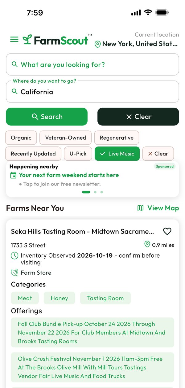FarmScout search for live music in California, showing a tasting room with dated upcoming events