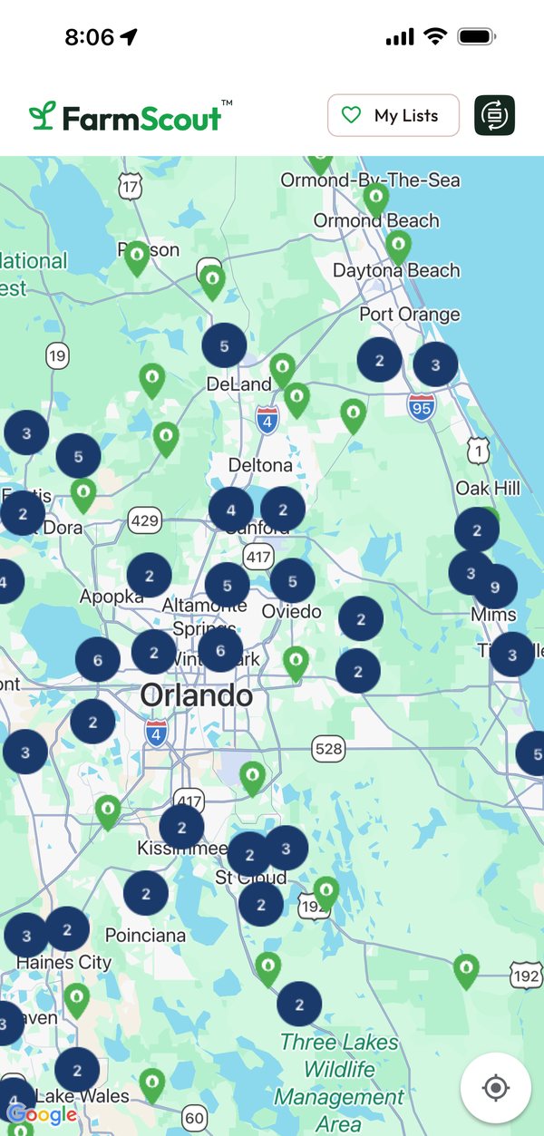 The FarmScout map around Orlando, Florida, with farms, markets and u-pick spots