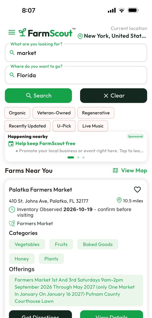 FarmScout search for farmers markets in Florida, showing market days and hours