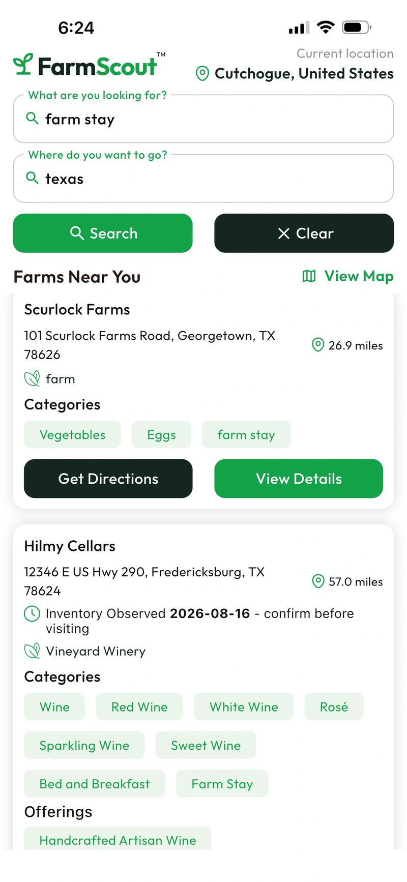 FarmScout app showing a farm stay in Texas.