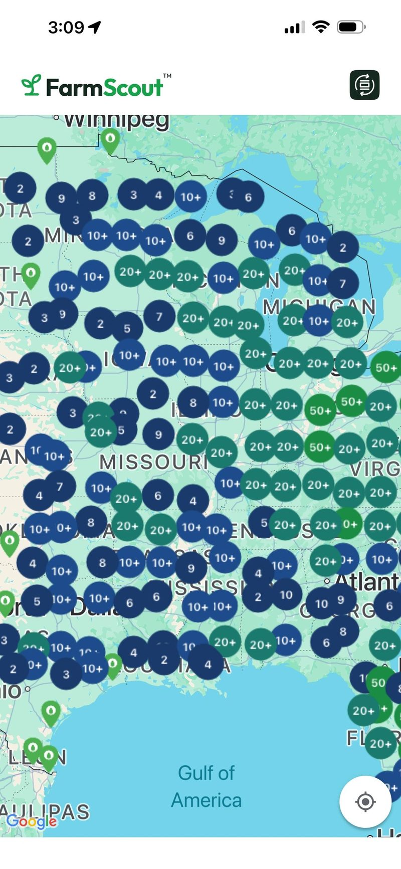 FarmScout map showing farm listings across the central United States.