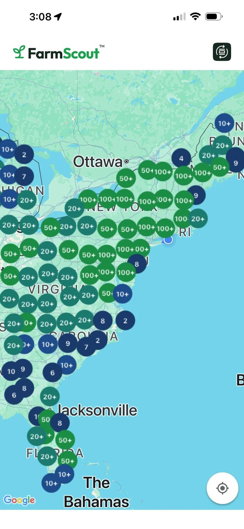 FarmScout map showing farm listings across the eastern United States.