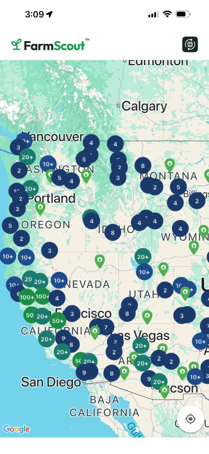 FarmScout map showing farm listings across the western United States.