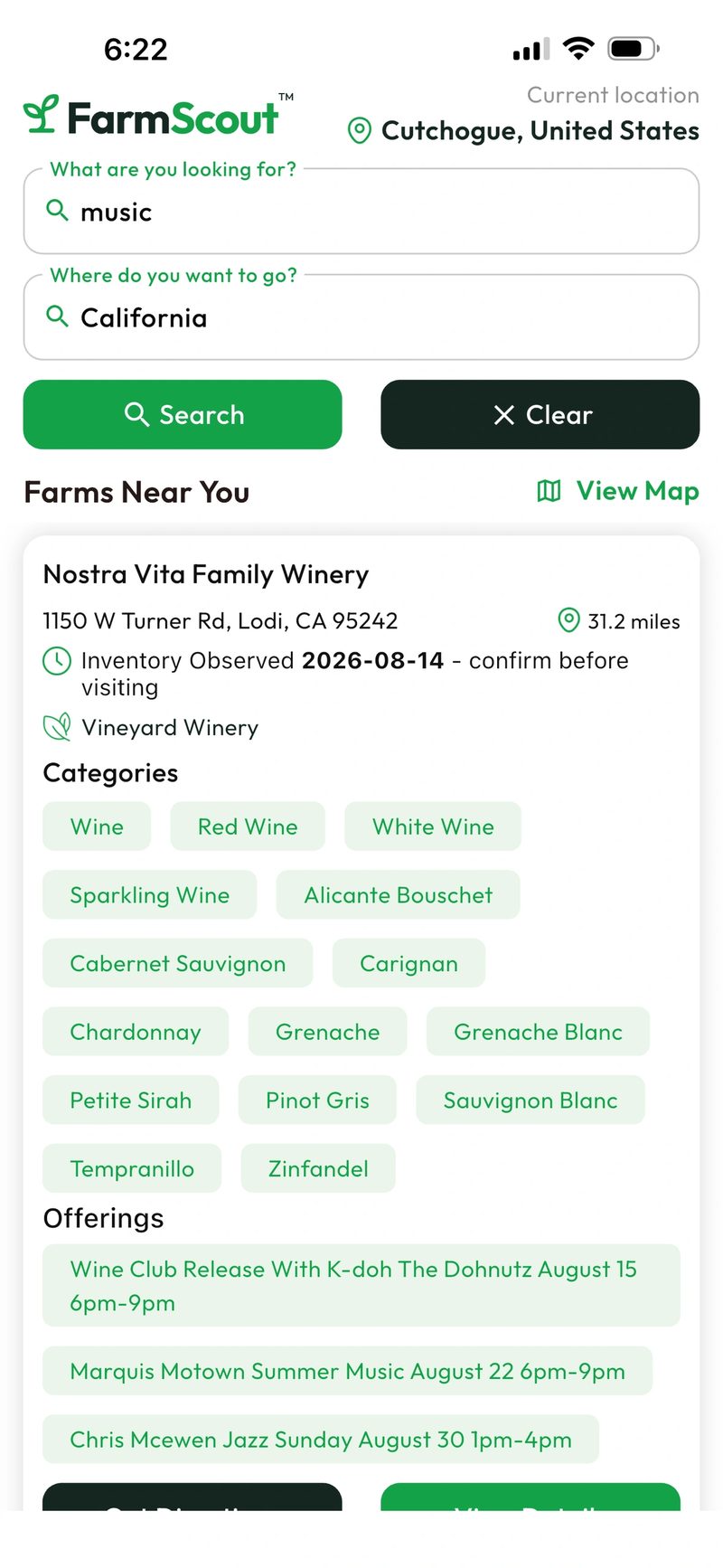FarmScout app showing a live music farm event in California.