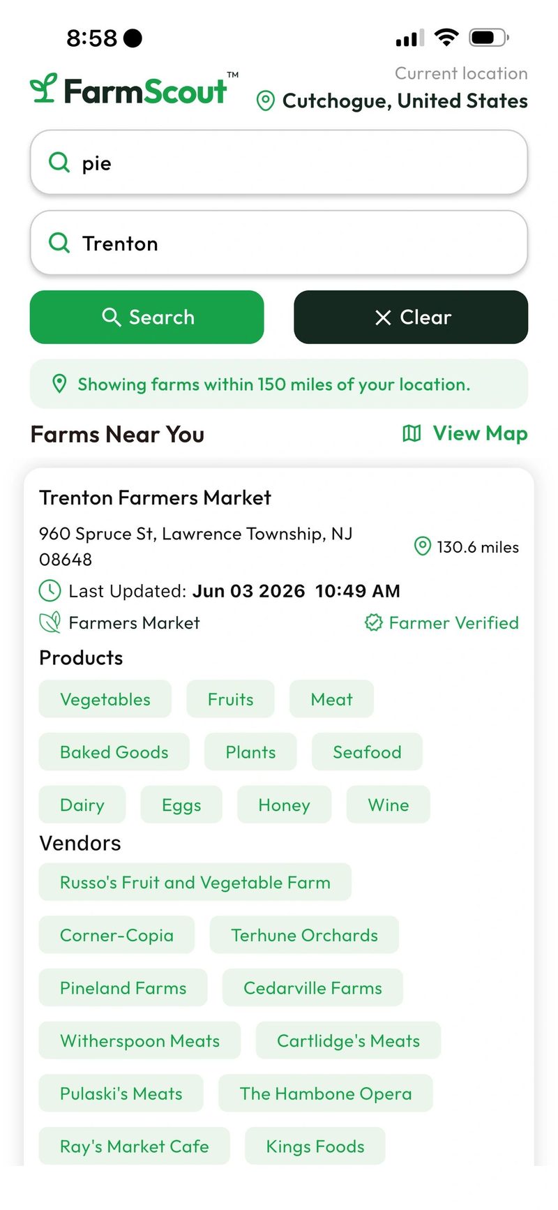 FarmScout app showing Trenton Farmers Market details.