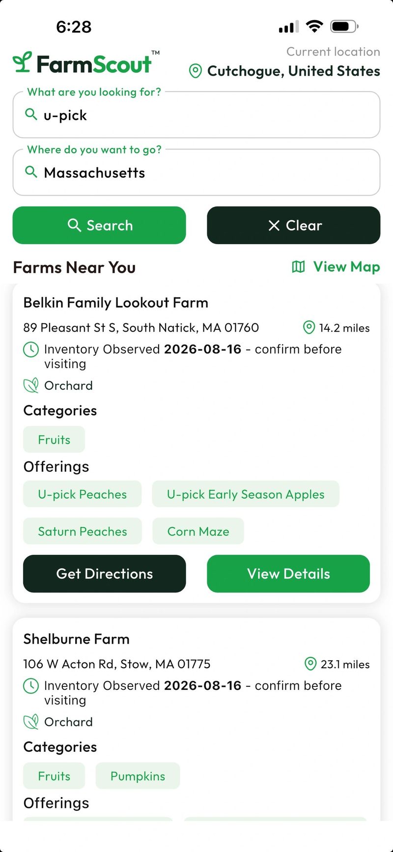 FarmScout app showing u-pick in Massachusetts.